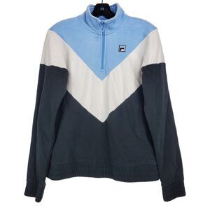 FILA Sweater Womens Medium White Blue Colorblock Pullover 1/4 Zip Athleisure